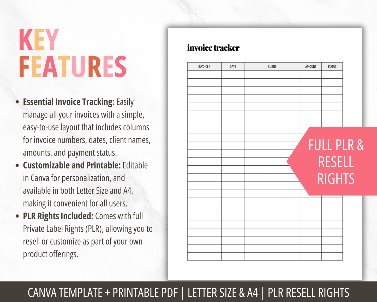 Invoice Tracker Canva Template PLR Editable Small Business Invoice Tracking