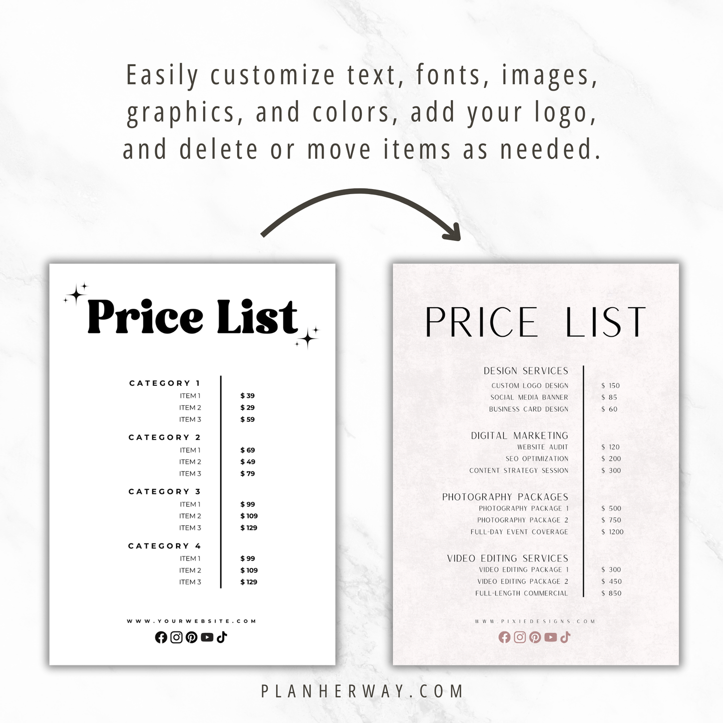 Price List Template Canva PLR | Editable Product Pricing List Printable