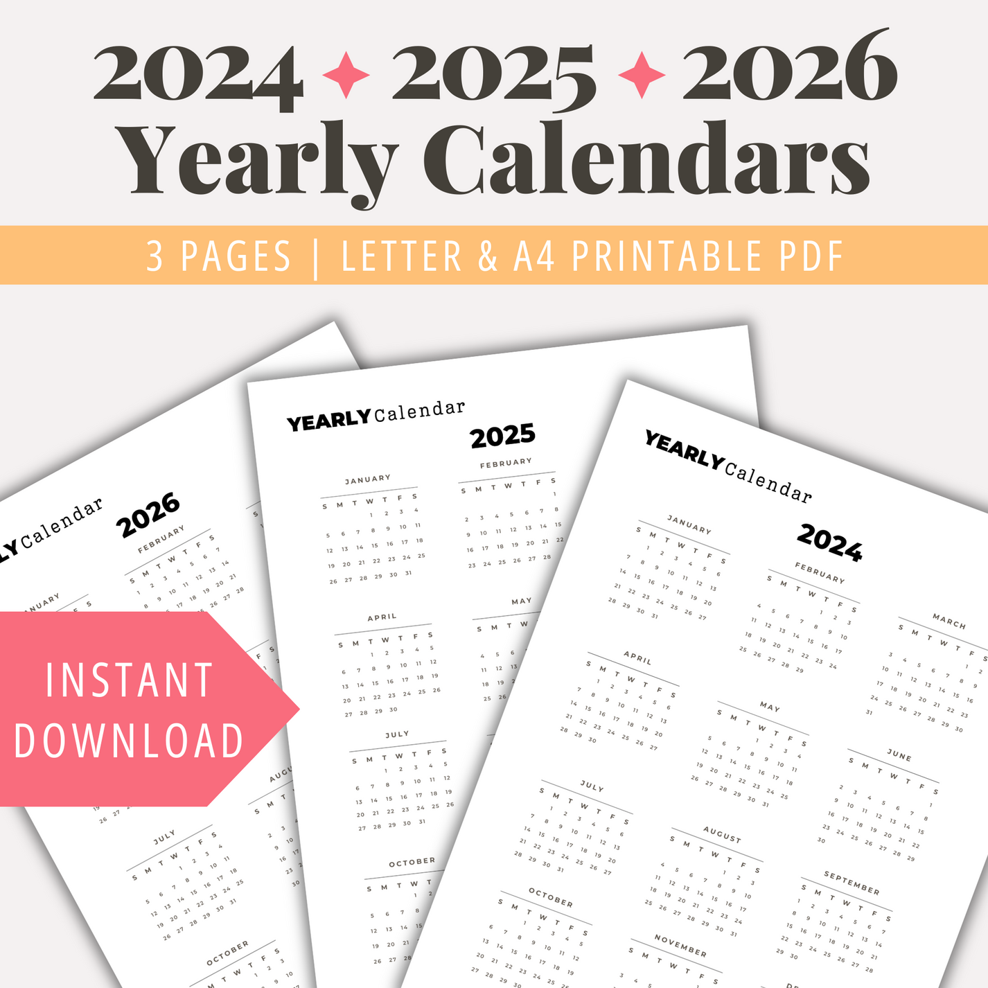 2024-2025-2026 Yearly Calendar Printable Planner PDF Calendar Bundle ...