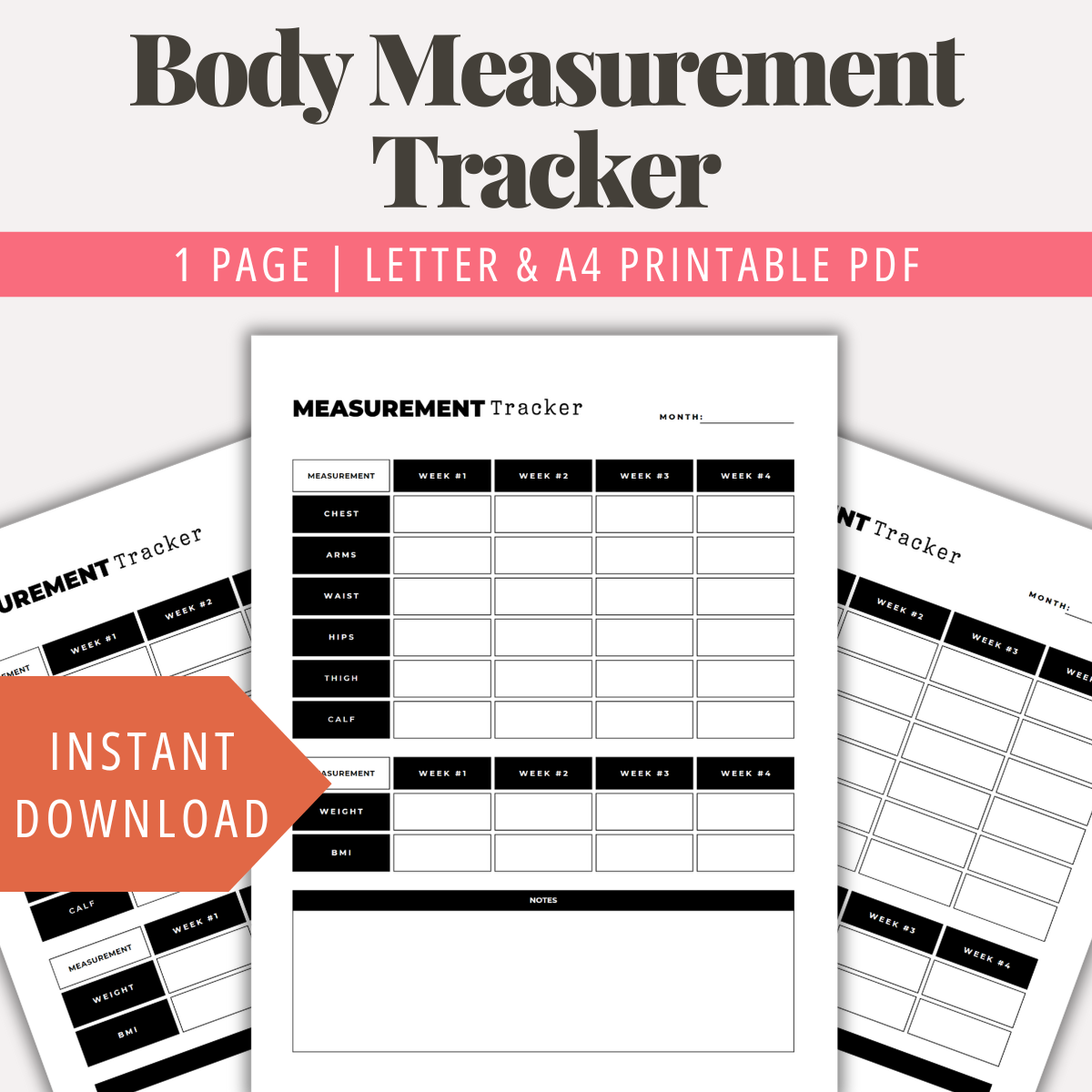 Body Measurement Tracker Printable Body & Weight Chart Tracker PDF ...