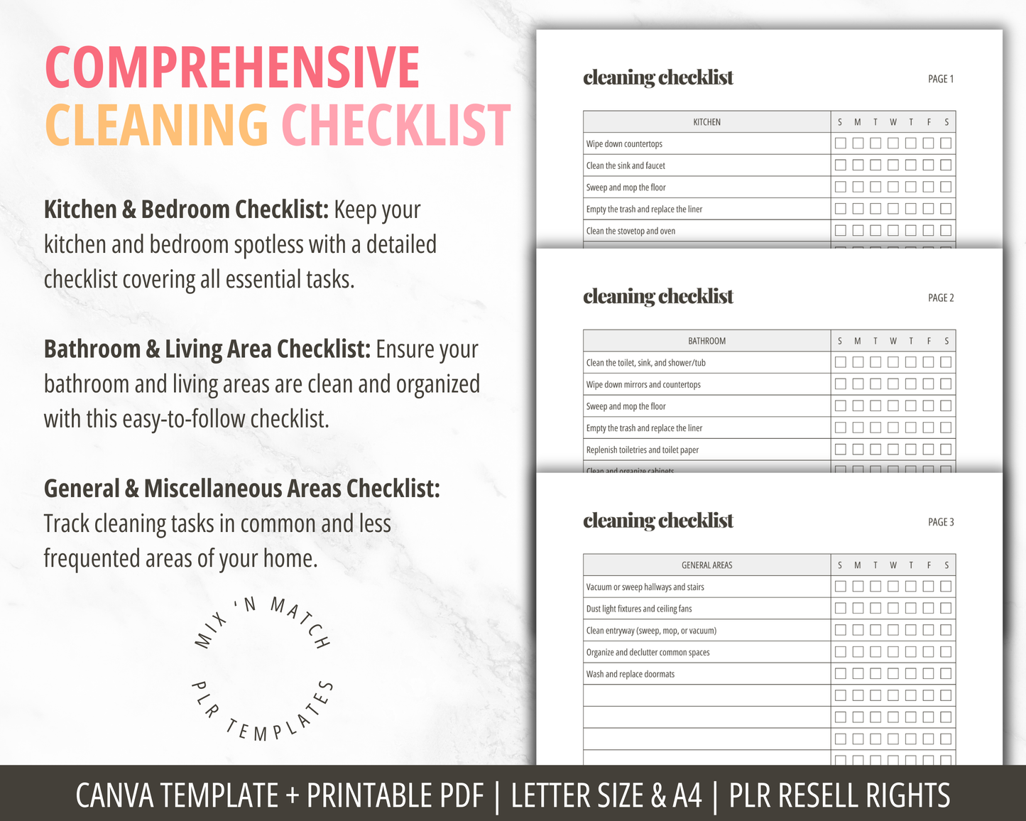 Cleaning Chore Charts Canva Templates PLR | House Cleaning Checklist Printable PDF