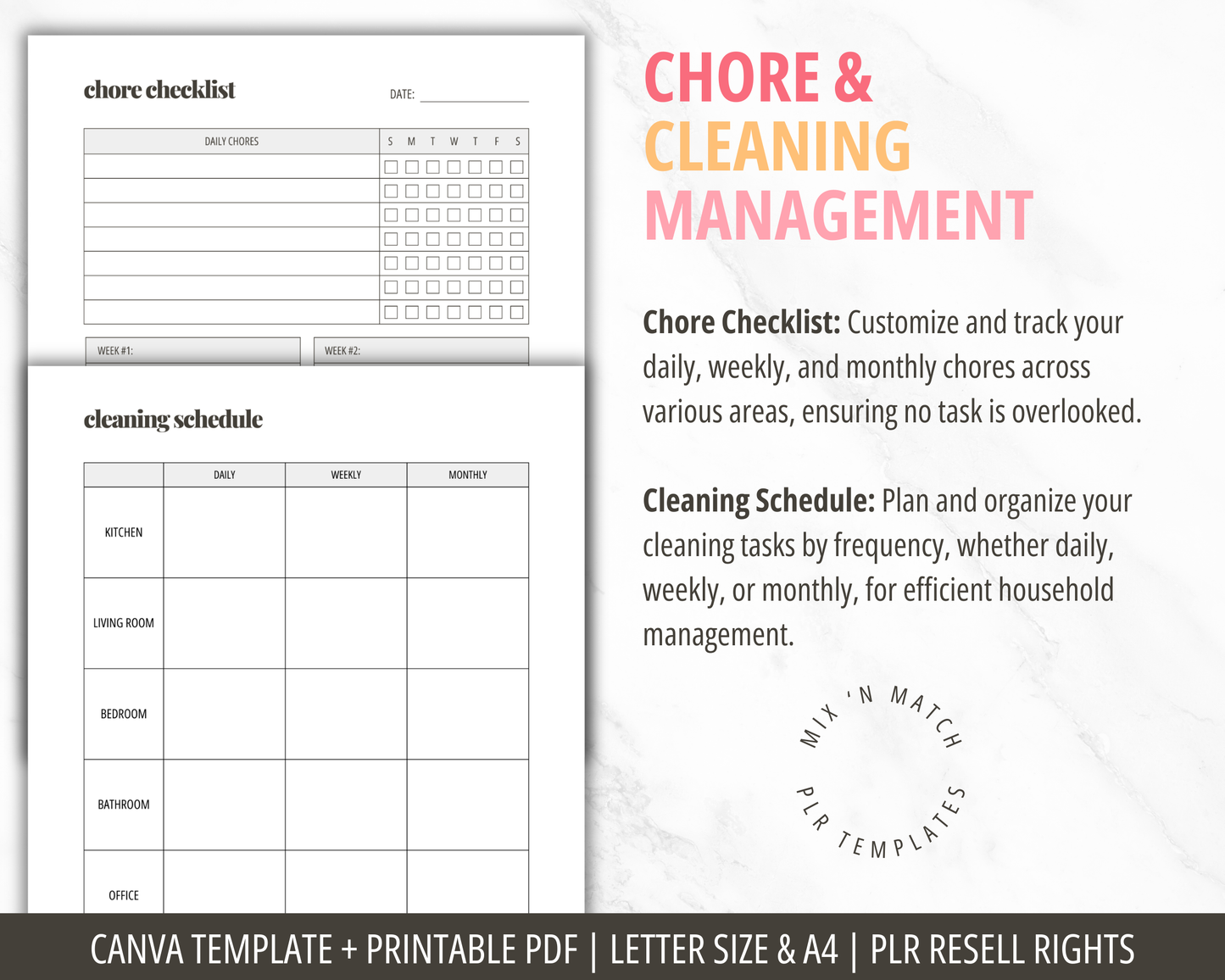 Cleaning Chore Charts Canva Templates PLR | House Cleaning Checklist Printable PDF