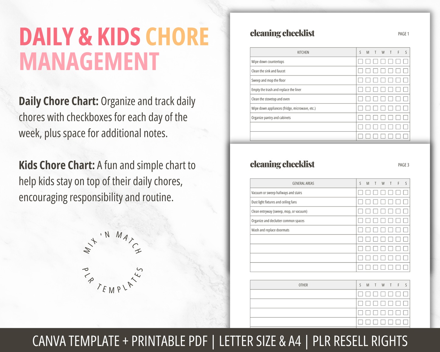 Cleaning Chore Charts Canva Templates PLR | House Cleaning Checklist Printable PDF