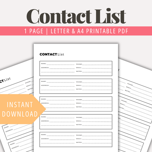Contact List Printable Planner PDF Contact List Template