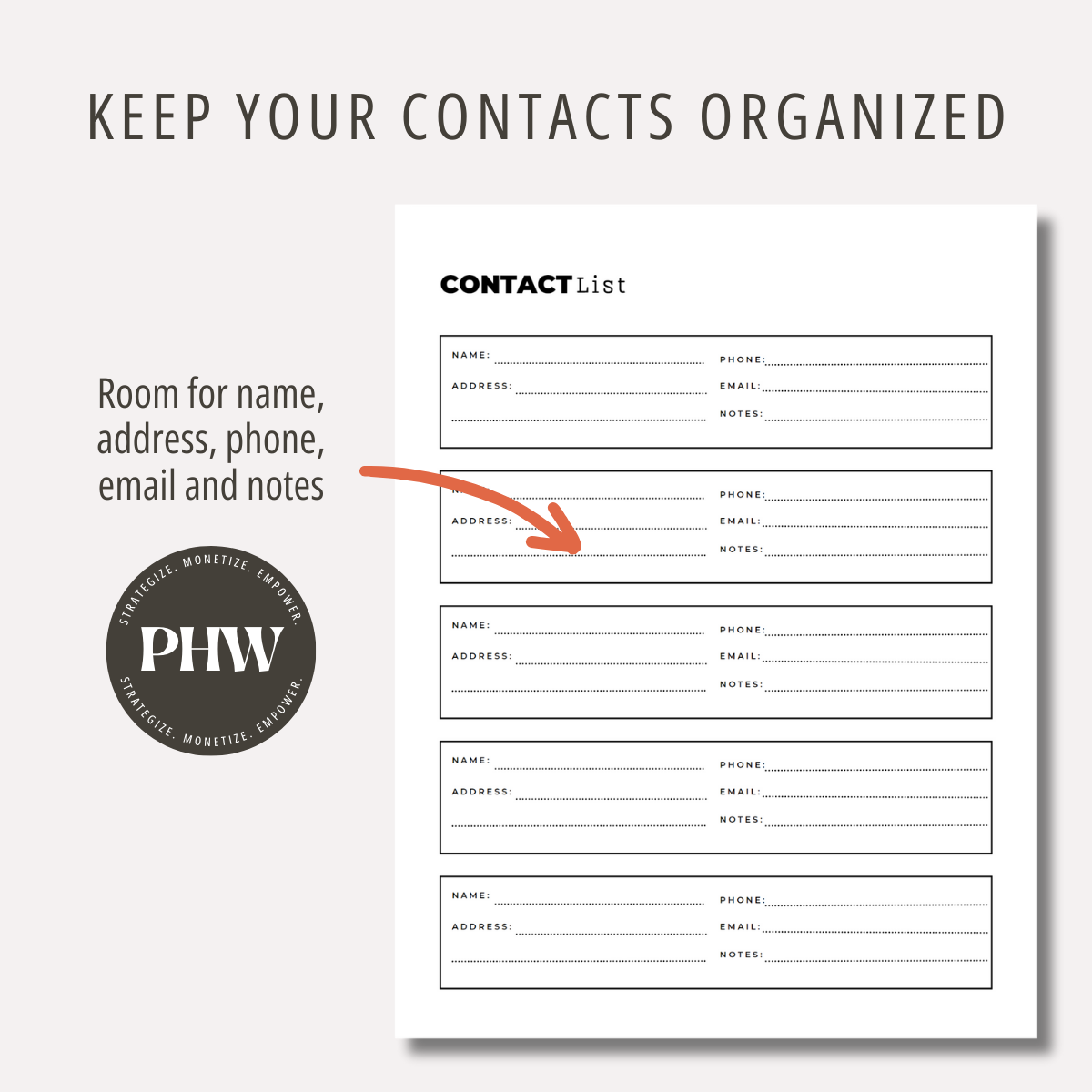 Contact List Printable Planner PDF Contact List Template