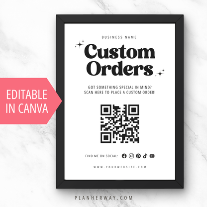 Custom Orders QR Code Sign | Editable Canva Template | Vendor Booth Sign