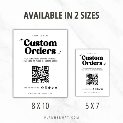 Custom Orders QR Code Sign | Editable Canva Template | Vendor Booth Sign