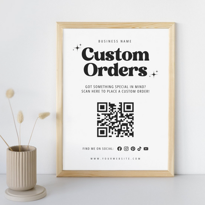 Custom Orders QR Code Sign | Editable Canva Template | Vendor Booth Sign