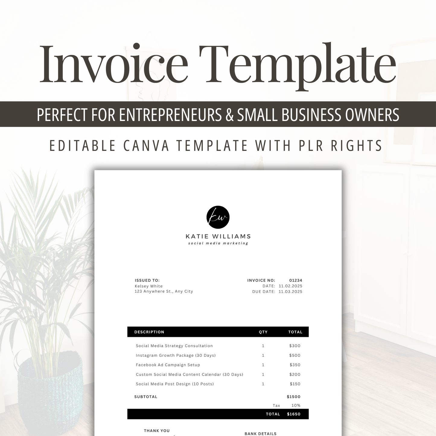 Editable Invoice Template | Small Business Canva PLR | Minimalist Design