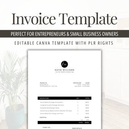 Editable Invoice Template | Small Business Canva PLR | Minimalist Design