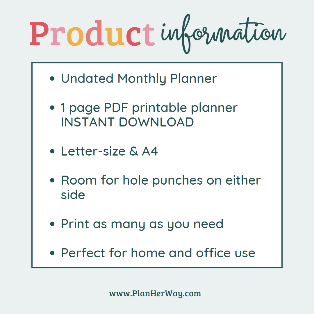 Printable Monthly Planner PDF Calendar Template