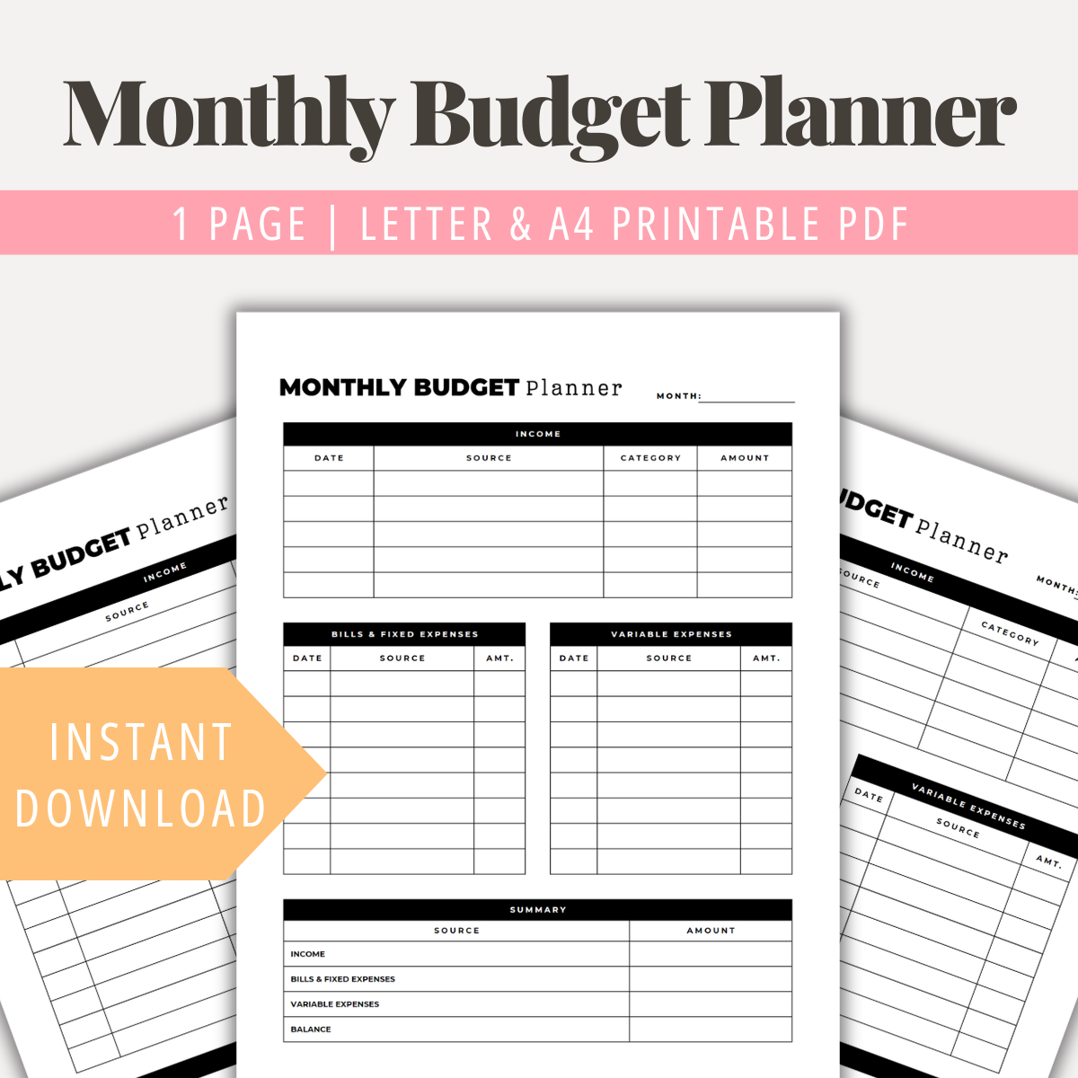 Printable Monthly Budget PDF Home Budget Worksheet Personal Budget Planner Template