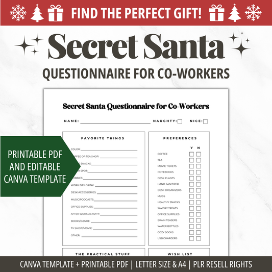 Secret Santa Questionnaire for Coworkers | Editable Favorite Things List PLR