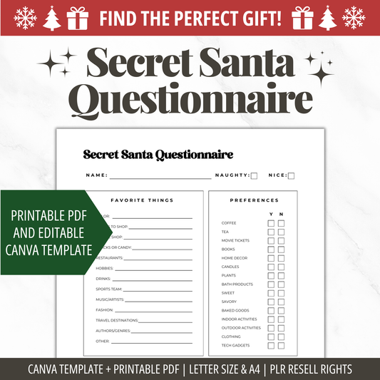 Secret Santa Questionnaire PDF | Editable Canva Template | Christmas Gift Planner