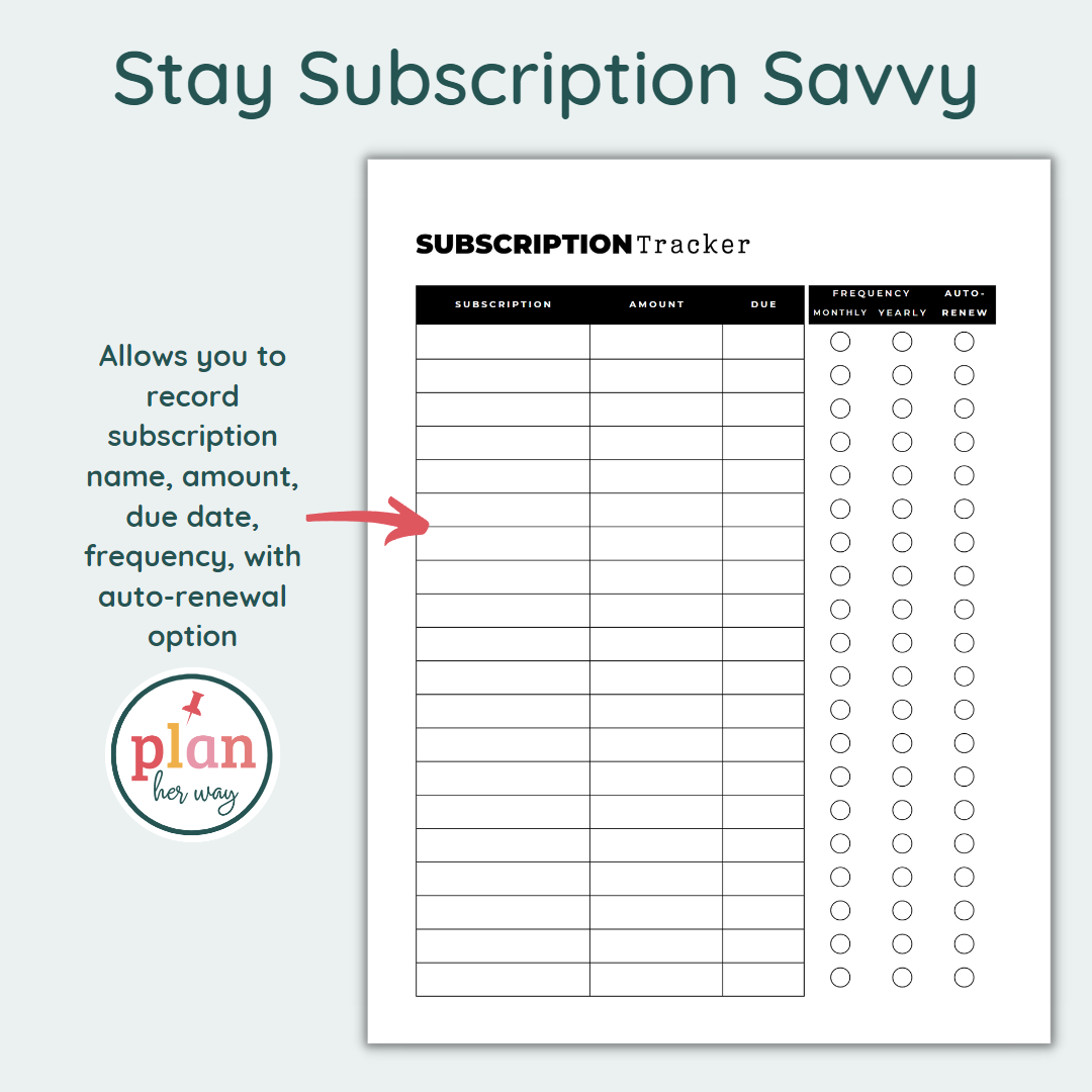 Subscription Tracker Printable PDF Subscription Planner Template