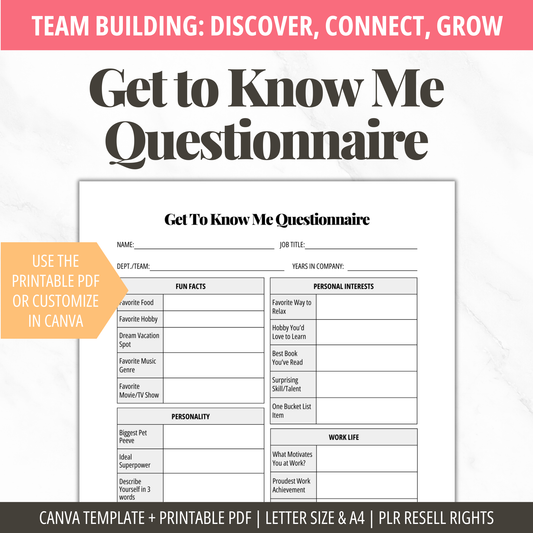 Team Building Get to Know Me Questionnaire PDF | Staff Icebreaker