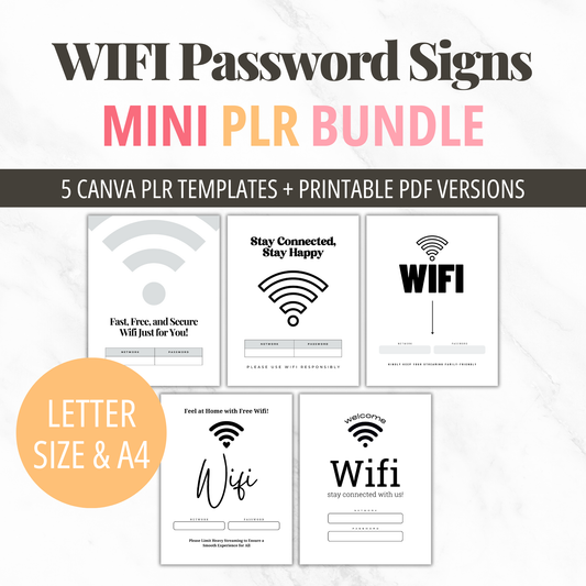 Wifi Sign Template Canva PLR Bundle of 5 Printable Wifi Password Sign PDF