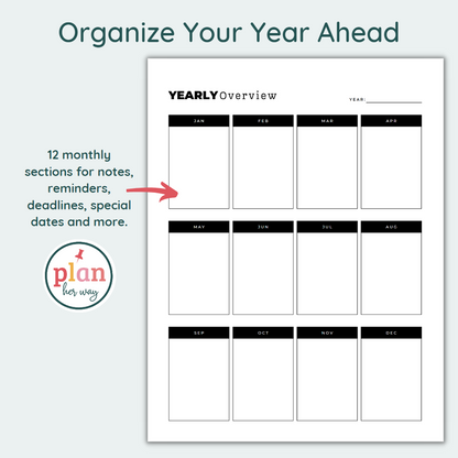 Yearly Overview Planner Printable PDF Yearly Calendar Template